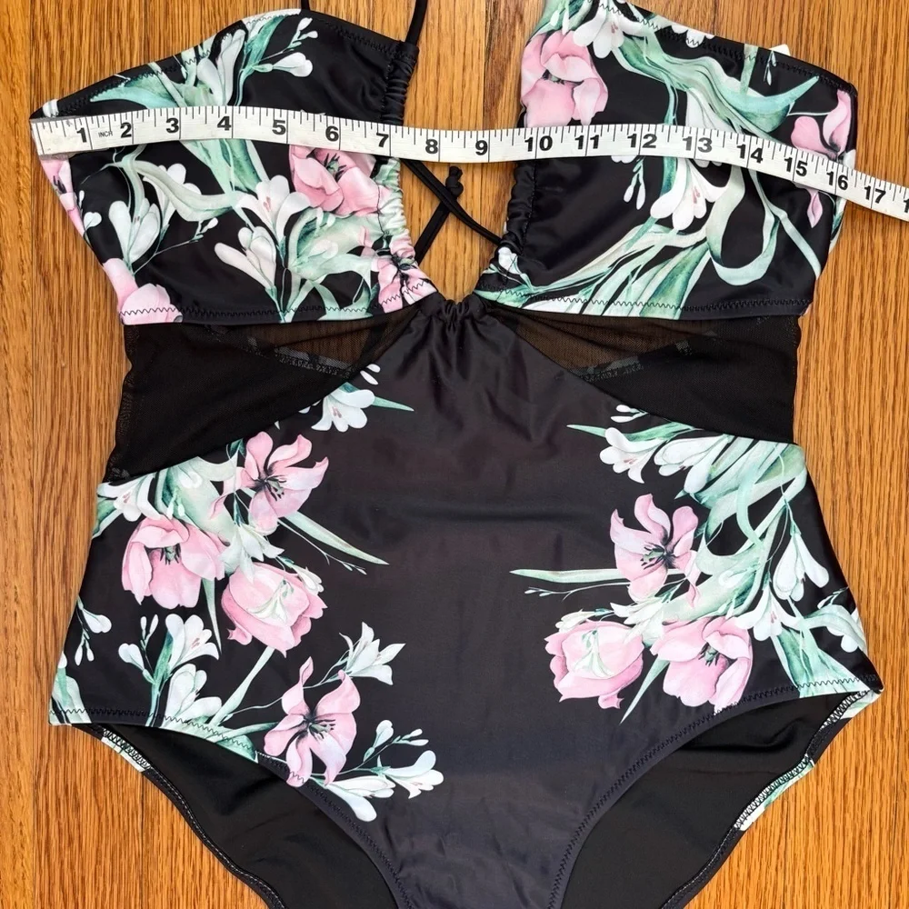 beachsissi Mesh waist adjustable strap pink blue floral black One Piece Swimwear